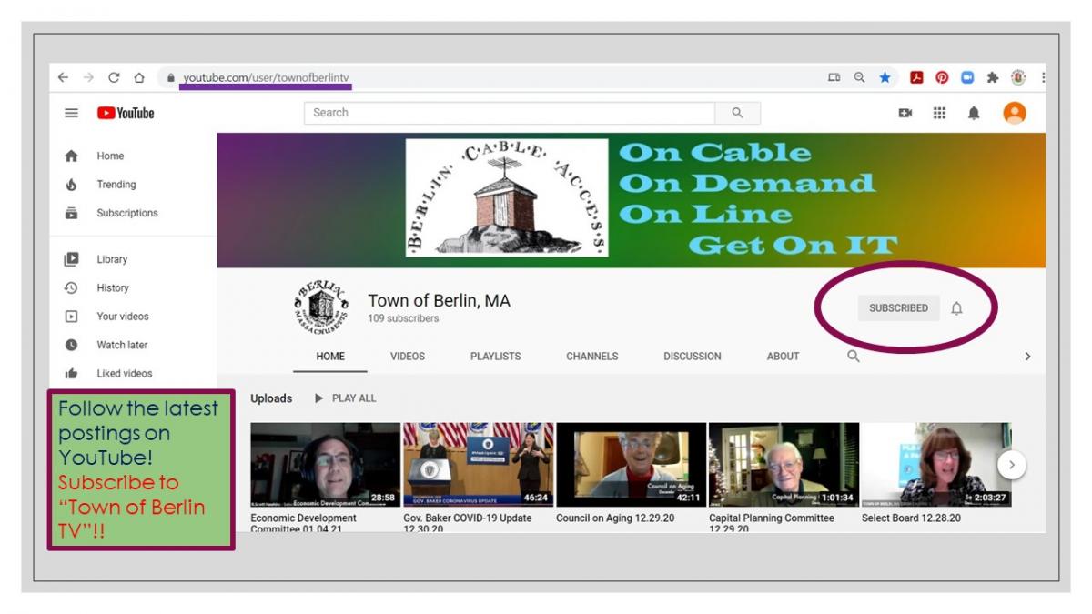 Screen grab of Berlin Cable Access YouTube Channel - Search for &quot;TownofBerlinTV&quot;