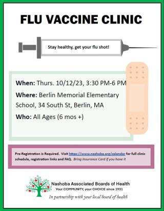 Flu Clinic at Berlin Memorial School on Thursday, Oct. 12th -- Pre-Registration is Required! Details here...