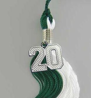 green and white graduation cap tassel that reads "20"