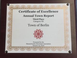 The Massachusetts Municipal Association presented the Town of Berlin honors for the Town's 2018 Annual Town Report.