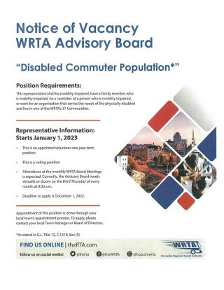 WRTA Advisory Board seeks one "Disabled Commuter Population" Rep - Letters of interest due December 1, 2022