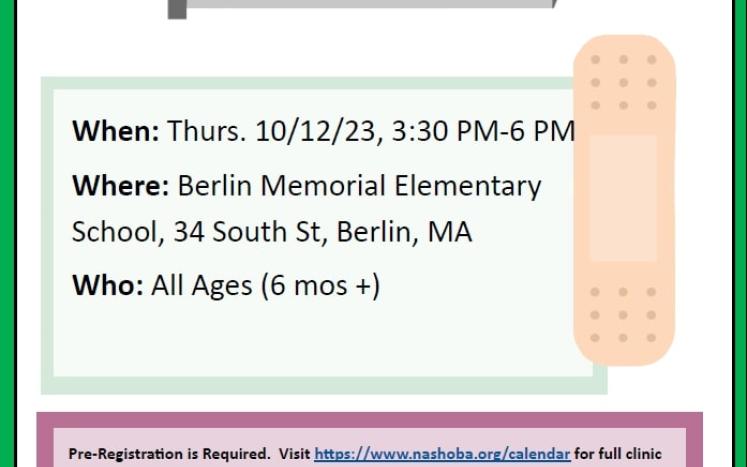 Flu Clinic at Berlin Memorial School on Thursday, Oct. 12th -- Pre-Registration is Required! Details here...
